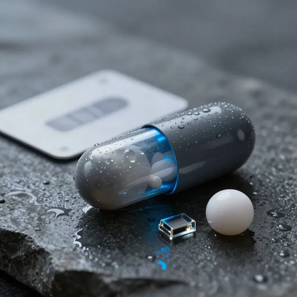 Graphite reply-bot capsule, glass chips and pale puck on wet stone with blue rim light.