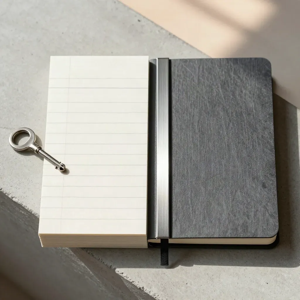 Overhead flatlay of stacked paper blocks, slate notebook and steel clip on pale concrete.