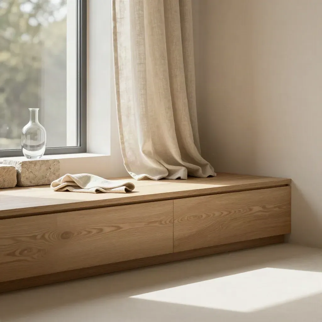 Pale oak loft corner with drifting linen curtain, stone blocks and a glass vase in warm sun.